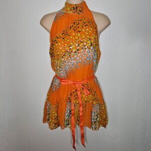 Poema USA Women's Orange‎ Sleeveless Halter Top Blouse w/ Belt Strap
